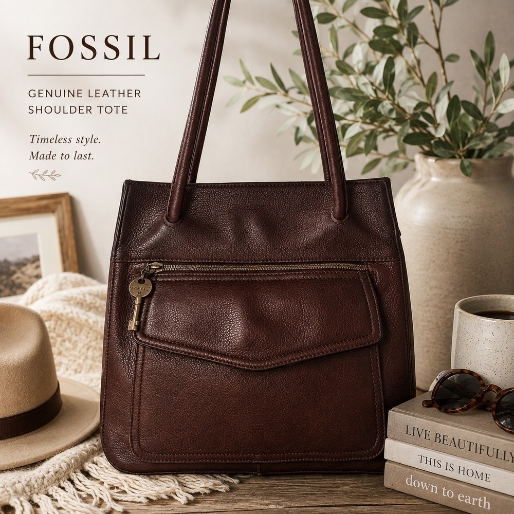 Fossil Brown Genuine Leather Shoulder Tote Bag Pebbled Leather Purse Vintage